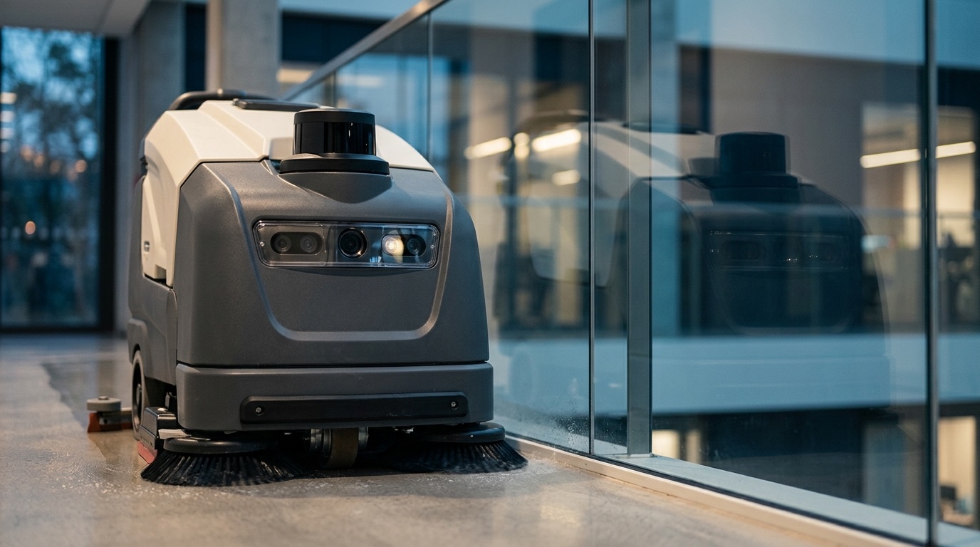 Nahaufnahme der Front eines Scheuersaugroboters in einem Bürofoyer am Abend: oben der Laserscanner-Turm, in der Front das Sichtfenster mit mehreren Kameras, rechts daneben eine bodentiefe Glaswand, in der sich die Maschine spiegelt.
