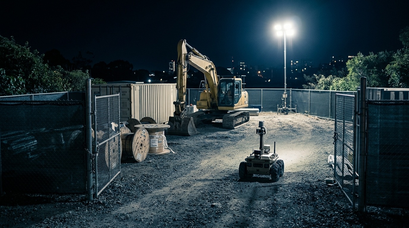 Fenced construction site at night: a tracked excavator, a storage container and stacked cable drums under a light tower, and on the gravel access road in front a small four-wheeled patrol robot with a camera mast; nobody on the ground, city lights on the horizon.