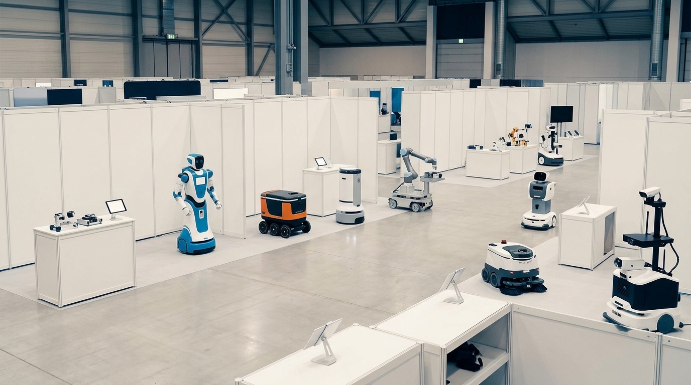 Blick in eine Messehalle mit weißen, unbeschrifteten Ständen, auf denen rund ein Dutzend verschiedener Serviceroboter stehen: ein humanoider Roboter, ein Lieferroboter mit orangefarbenem Aufbau, Reinigungsmaschinen, ein Roboterarm auf mobiler Plattform und Assistenzroboter; die Gänge sind leer.