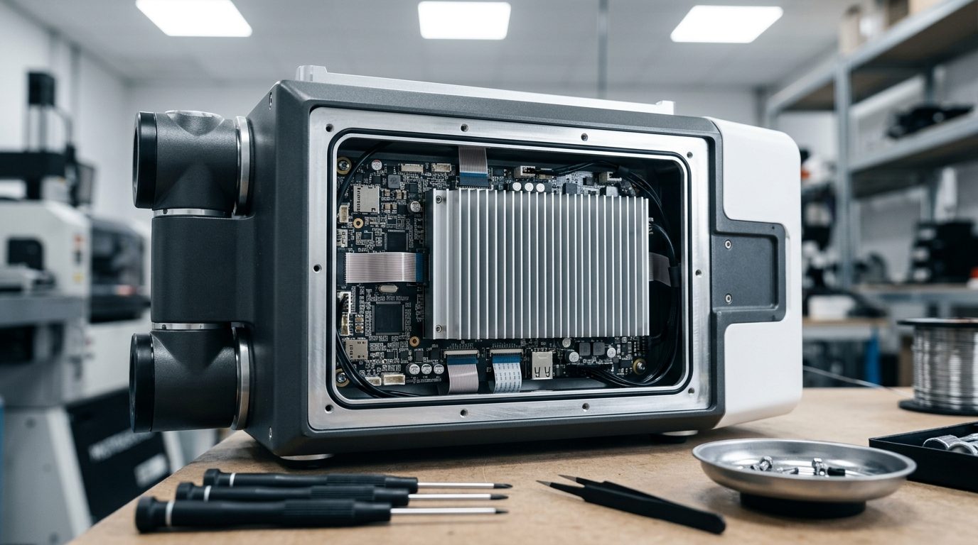An opened equipment enclosure standing on a workshop bench, its circuit board and large finned heatsink exposed behind the removed panel, ribbon cables running to the board and screwdrivers and a parts tray laid out in front.