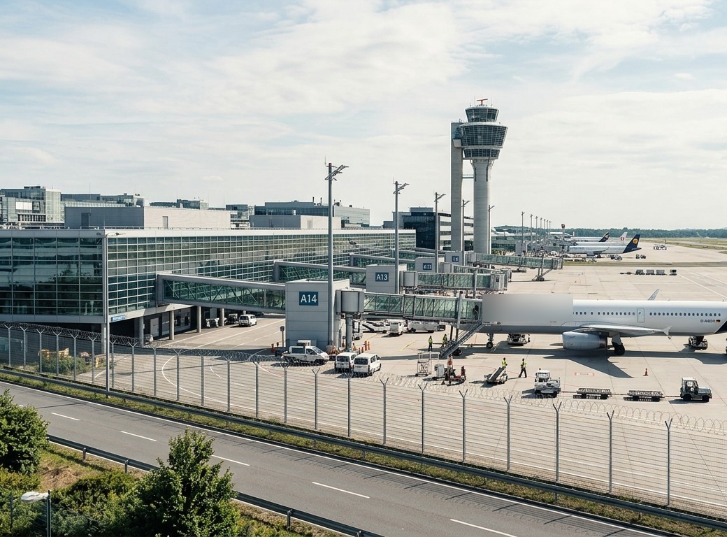 Airport apron with terminal, jet bridge, control tower and a parked aircraft behind the perimeter fence, no airline markings visible.