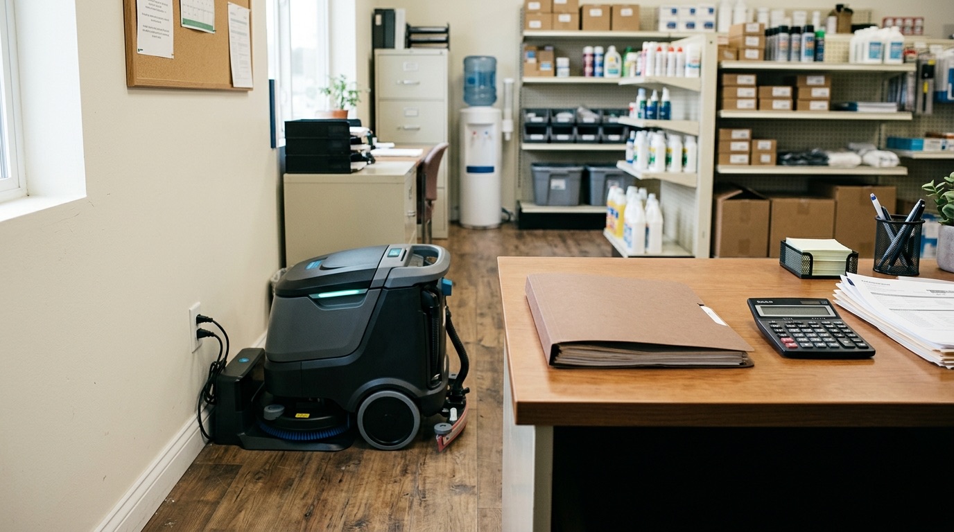A compact cleaning robot sits on its charging dock in a small stockroom office; in the foreground a desk with a brown document folder, a calculator and a stack of paper, behind it shelves with boxes and bottles of cleaning products.