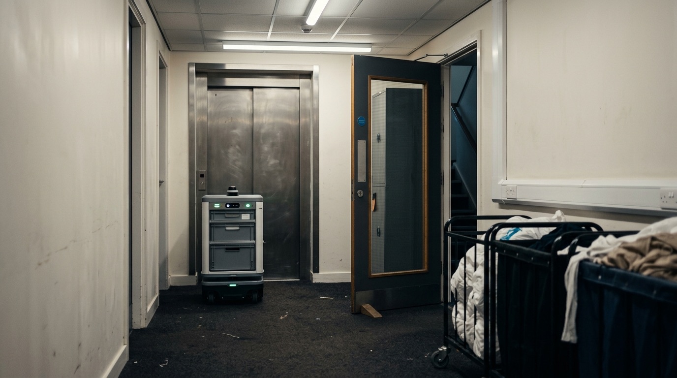 Ein radbasierter Lieferroboter mit drei Schubladenfächern wartet in einem engen Wirtschaftsflur eines Hotels vor geschlossenen Aufzugtüren; rechts eine mit einem Holzkeil aufgehaltene Brandschutztür zum Treppenhaus und ein Wäschewagen voller Bettwäsche, Neonlicht, abgestoßene Wände.