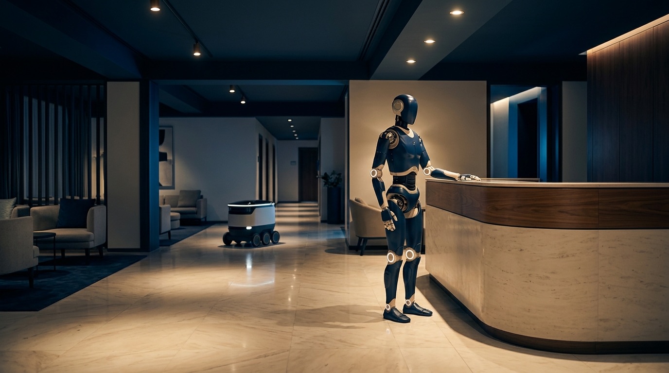 Ein dunkelblauer humanoider Roboter mit sichtbaren Gelenkringen steht nachts allein in einer leeren Hotellobby und stützt eine Hand auf einen unbeschrifteten Empfangstresen aus Holz und Stein; im Flur dahinter fährt ein kleiner sechsrädriger Lieferroboter, warme Deckenspots.