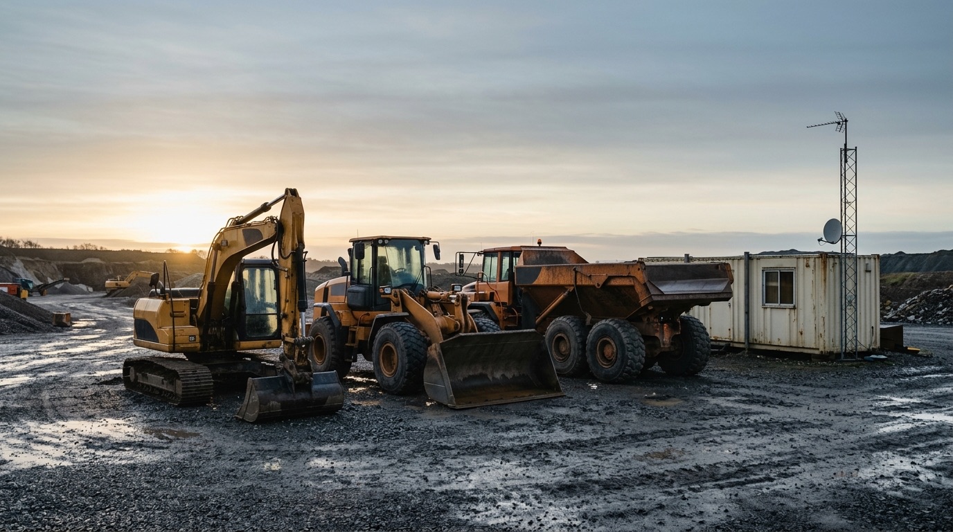 Ein Kettenbagger, ein Radlader und ein knickgelenkter Dumper verschiedener Bauart stehen bei tief stehender Morgensonne auf dem nassen Schotterplatz einer Kiesgrube; daneben ein Baustellencontainer mit kleinem Antennenmast, im Hintergrund die Abbauwand.