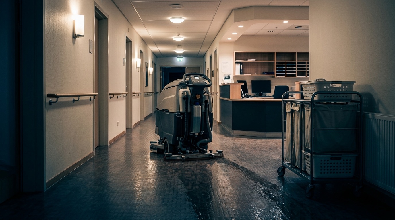Ein Scheuersaugroboter steht abends allein im Flur eines Pflegeheims, vor ihm der frisch gewischte, noch feuchte Boden; rechts ein leerer Stützpunkt mit Bildschirm und ein Wäschewagen mit Säcken, links geschlossene Zimmertüren mit Handläufen.