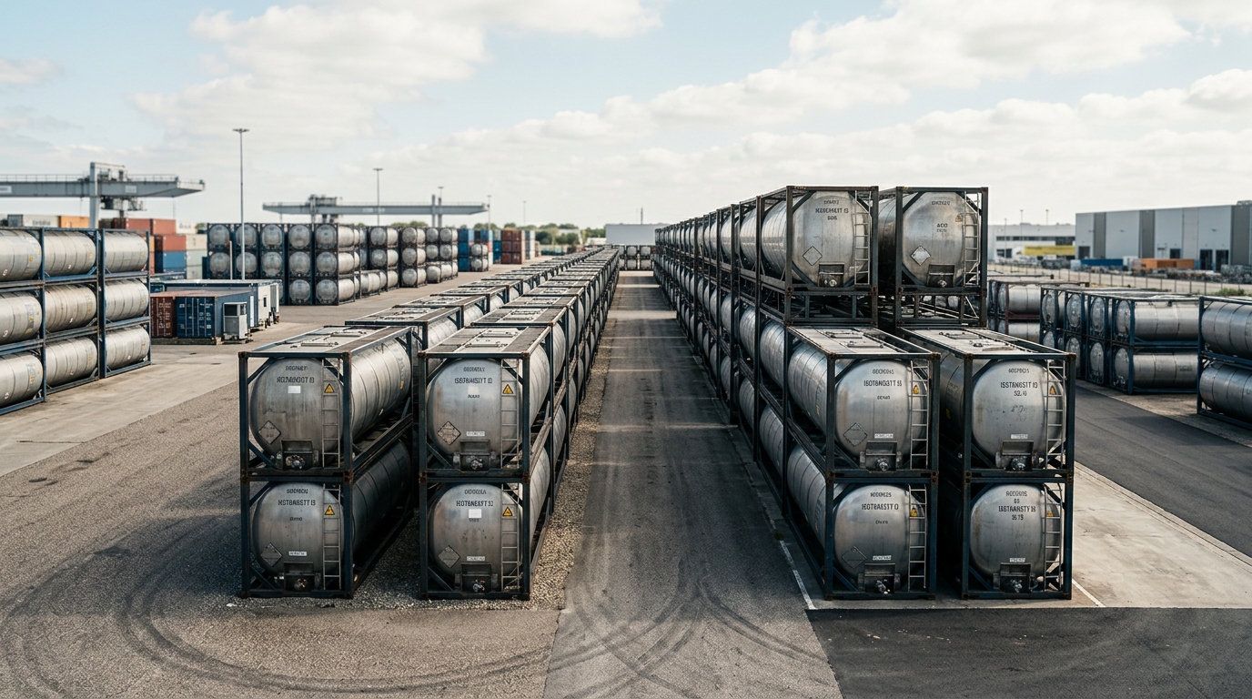 Reihen von Edelstahl-Tankcontainern in einem Logistik-Depot, Ladekran im Hintergrund, kein Roboter im Bild.