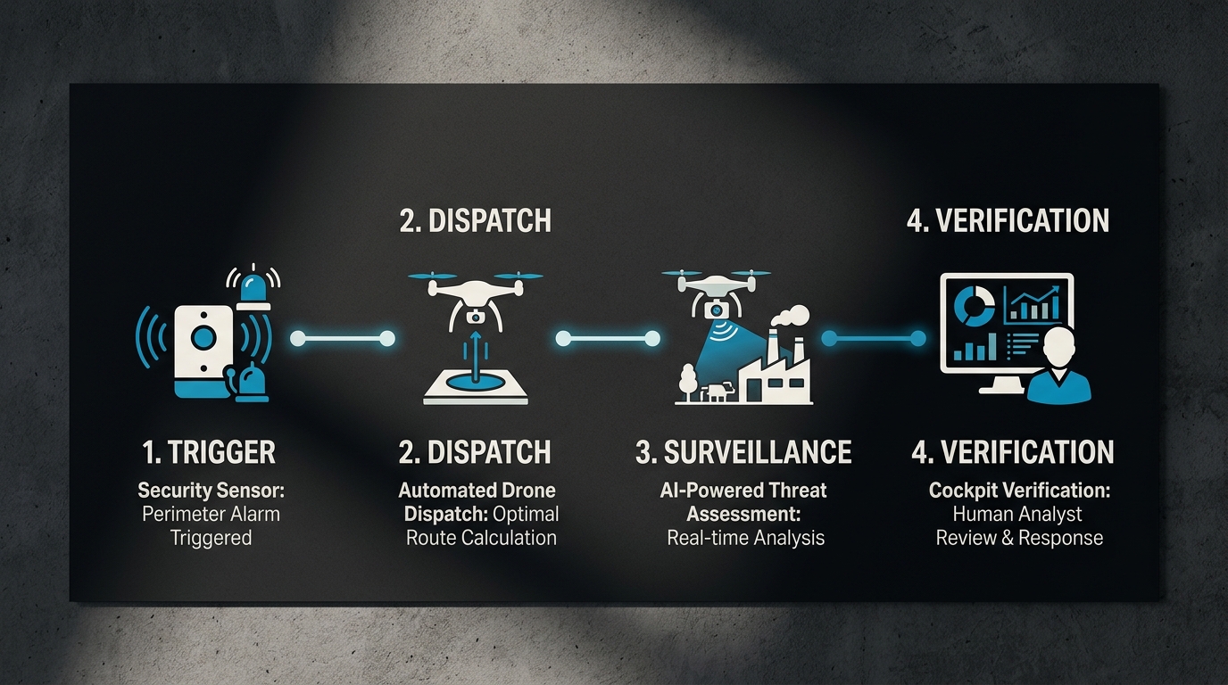 wedrone mission cockpit: alarm terminal, drone pad and live flight path in one operations view.