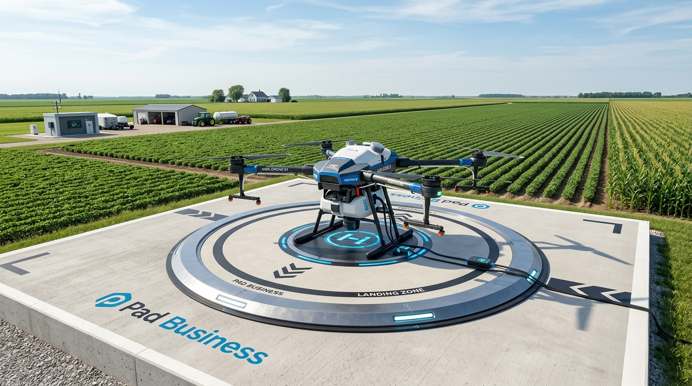 Schematische Darstellung einer automatisierten Drohnen-Ladestation vom Typ Pad Business auf einem landwirtschaftlichen Betrieb