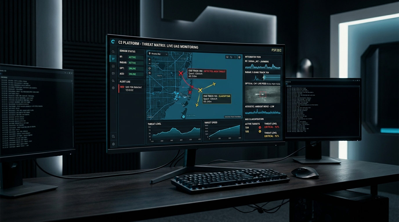 Diagram of a C2 platform fusing RF, radar, optical, and acoustic telemetry into a single real-time threat dashboard