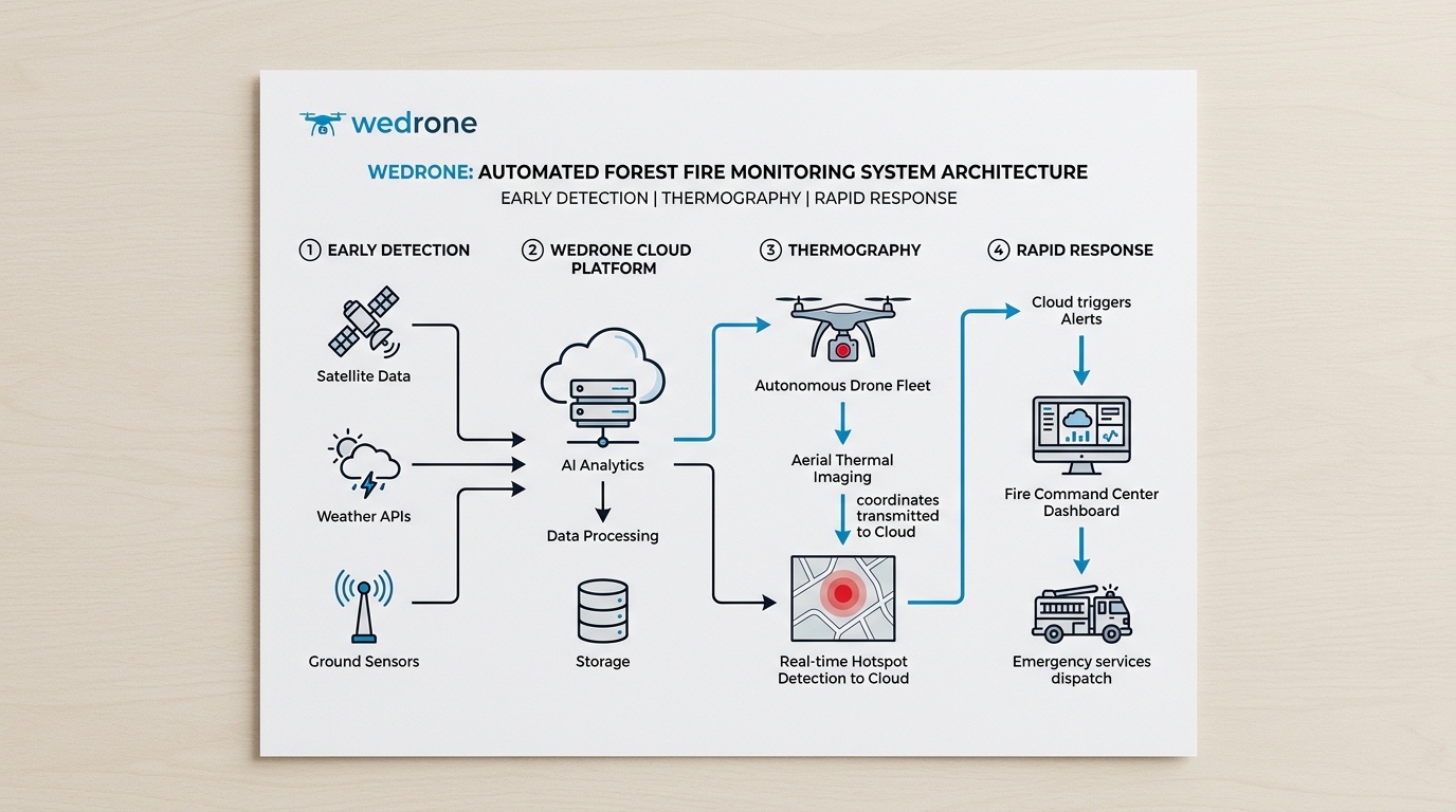 Diagramm der Systemarchitektur für die automatisierte Drohnen-Waldbrandüberwachung von wedrone